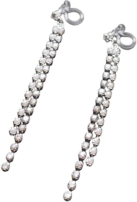 Dangle Silver Invisible Clip On Earrings for Women Not Pierced Gold Crystal Rhinestone Comfortable Hoop Fringe Long Chain Clip On Earrings