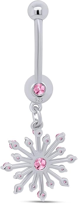 AFFY Snowflake Belly Button Ring for Women Simulated Birthstone, Round Cut Gemstone in 14K Gold Over 925 Sterling Silver, Navel Barbell Piercing Jewelry for Her