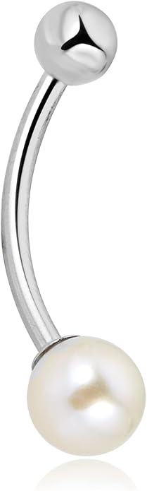 AVORA 10K Yellow/White Gold Freshwater Pearl Belly Button Ring Body Jewelry (14 Gauge)