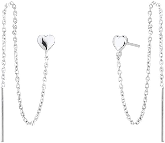 Vanbelle 925 Sterling Silver Jewelry - Dangling Chain & Heart Stud Threader Earring - Rhodium Plated - Classic Lightweight Valentine Gift for Her