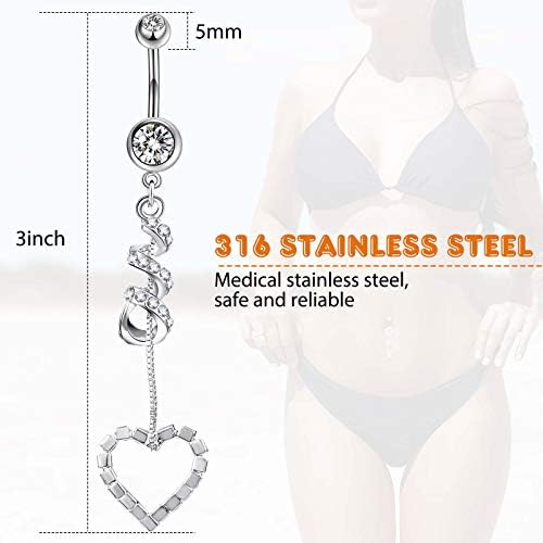 Yaomiao 18 Pcs 14G Stainless Steel Belly Button Ring Rhinestone Heart Dangle Belly Button Rings for Women