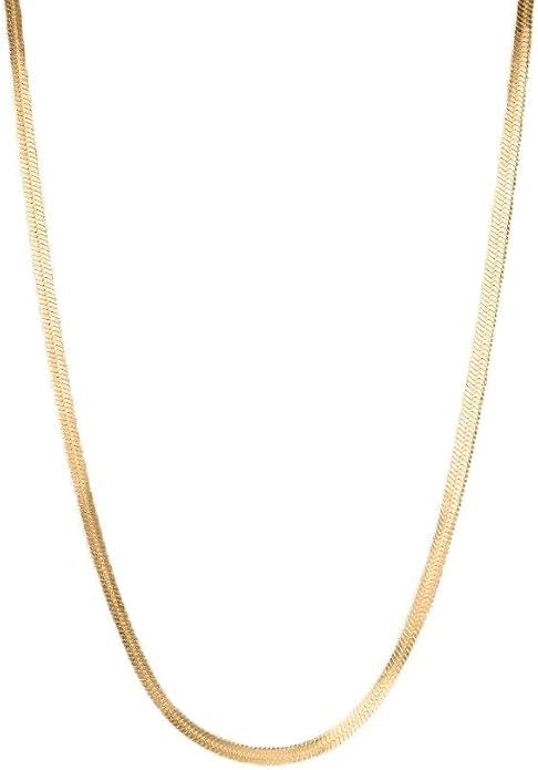 Gold Herringbone Chain Necklace For Women - 18K PVD Gold Waterproof & Sweatproof Non Tarnish Choker Necklace - 16 Inch - Family Owned Brand - Made in USA