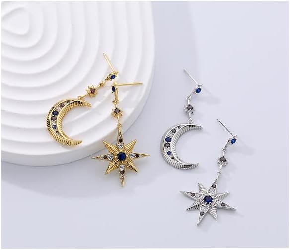 925 Sterling Silver Asymmetric Stud Earrings Colorful Zircon Star Moon Drop Earrings