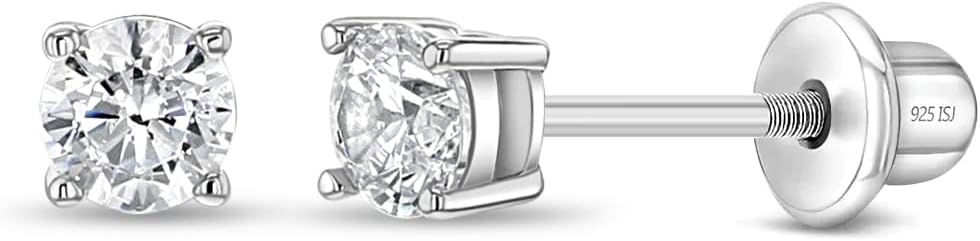 925 Sterling Silver Kids 2mm-5mm Clear Cubic Zirconia Round Stud Solitaire Screw Back Earrings for Babies & Toddlers - Baby Girl Earrings with Safety Screw Backs for Infant and Toddler Children