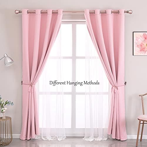 Pink Blackout Curtains with Voile Sheer Drapes, Thermal Pink Window Treatments with Tie-Backs for Kids/Girls Bedroom Nursery Living Room, Elegant, 2 Panels, 52 * 63 inches