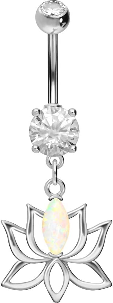 PIERCINGLINE Surgical steel belly button piercing dangle LOTUS BLOSSOM WITH SYNTHETIC OPAL 14 G belly button ring surgical steel belly piercing new version with improved durability