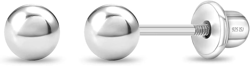 In Season Jewelry Classic Ball 925 Sterling Silver Earrings - Hypoallergenic Earrings for Girls with Safety Screw Backs - Safe & Comfortable for Toddlers, Kids & Little Girls