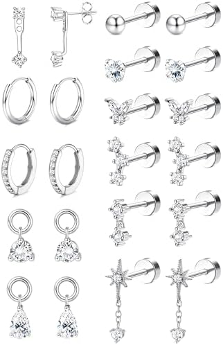 BESTEEL Hypoallergenic Flat Back Earrings for Women - 14K Gold Plated Surgical Stainless Steel Earring Stacks Set Small Stud & Hoop for Cartilage Helix Tragus Piercing Jewelry 20G