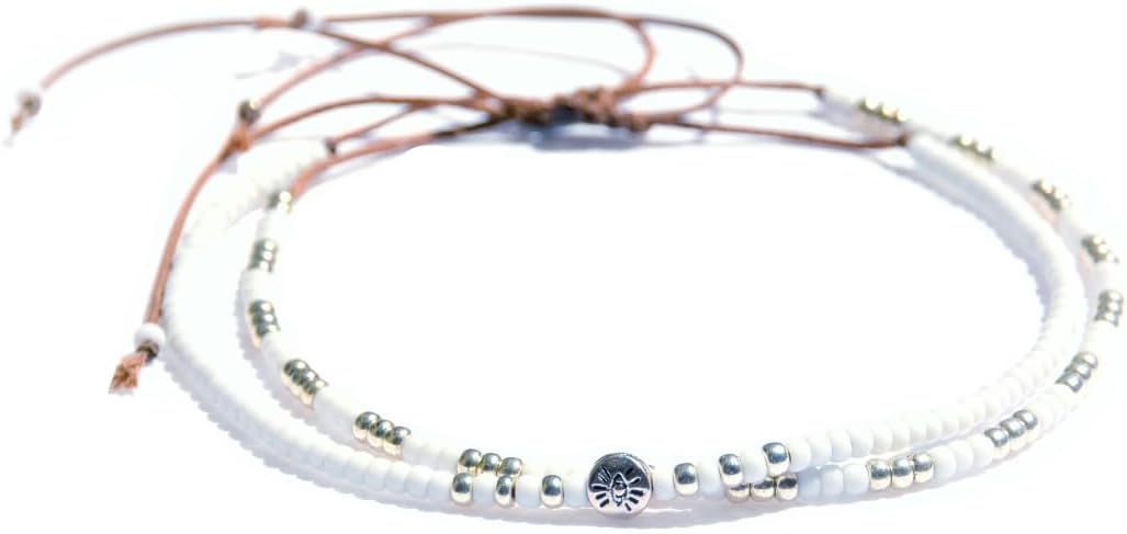 Beaded Anklet for Women, Boho Native American Style, Unique White & Silver Hippie Beach Waterproof Anklet, Handmade by Tribes