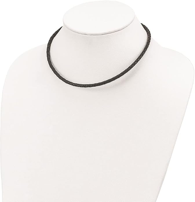 925 Sterling Silver 4mm Black Cord Leather Braided Necklace 16" to 20"
