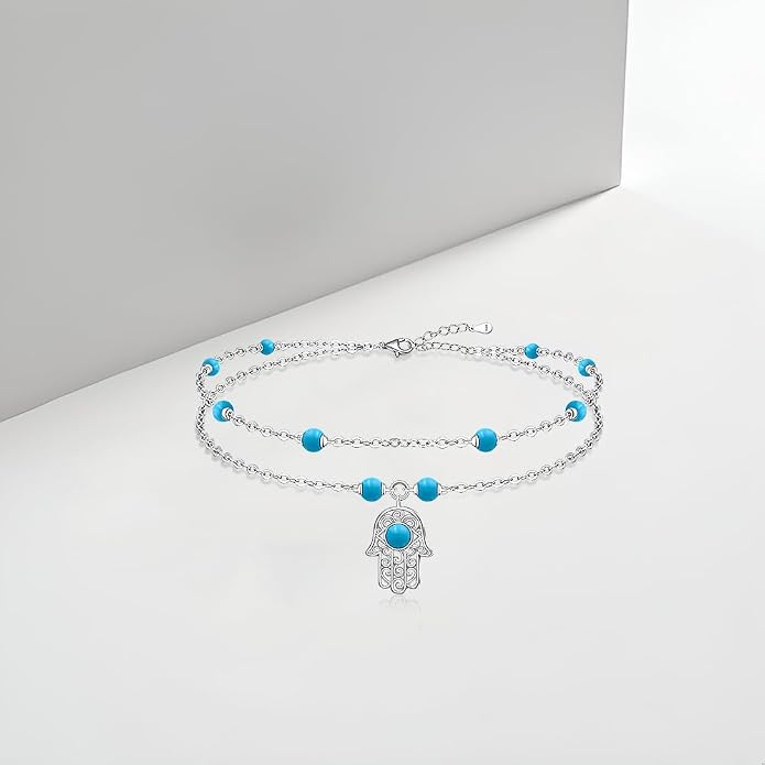 Anklets for Women S925 Sterling Silver Hand of Fatima Charm Dainty Evil Eye Hamsa Hand Anklet Adjustable Layered Bracelet Turquoise Jewelry Mothers Day Gifts for Mom