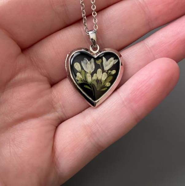 Handmade Dried Pressed Flower Heart Shaped Photo Locket Pendant Necklace