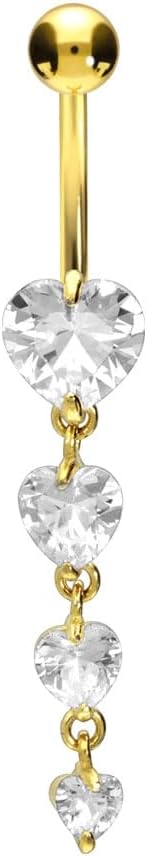 PIERCINGLINE surgical steel dangle belly button piercing with 4 hanging crystal hearts - belly button ring surgical steel, gold, silver, rosegold piercing - new version with improved durability