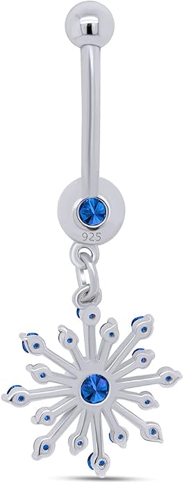 AFFY Snowflake Belly Button Ring for Women Simulated Birthstone, Round Cut Gemstone in 14K Gold Over 925 Sterling Silver, Navel Barbell Piercing Jewelry for Her