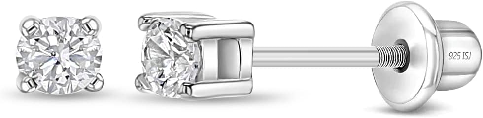925 Sterling Silver Kids 2mm-5mm Clear Cubic Zirconia Round Stud Solitaire Screw Back Earrings for Babies & Toddlers - Baby Girl Earrings with Safety Screw Backs for Infant and Toddler Children