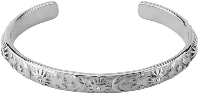 Pierced Owl 304 Stainless Steel Sun Moon and Star Lined Open Cuff Bangle Bracelet