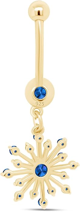 AFFY Snowflake Belly Button Ring for Women Simulated Birthstone, Round Cut Gemstone in 14K Gold Over 925 Sterling Silver, Navel Barbell Piercing Jewelry for Her