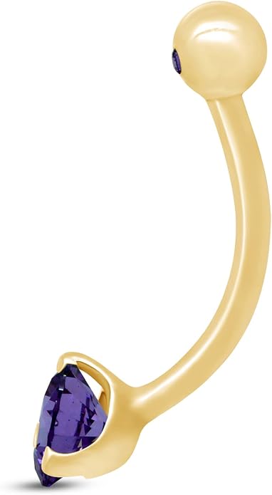 AFFY Internally Threaded Belly Button Navel Ring for Women, Three-Prong Round Simulated Birthstone in 14K Gold Over 925 Sterling Silver, Body Piercing Jewelry Gift