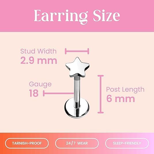 Cords Club Star Flat Back Stud – ASTM-F136 Implant Grade Titanium - Push Pin Design for Sensitive Ears (Single Earring)