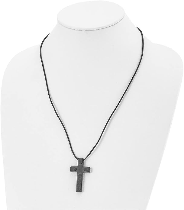 Real Stainless Steel Men's Brushed LaserCut Blk IP Cross Leather Cord Pendant Necklace Charm Chain 20" (Width = 25mm)