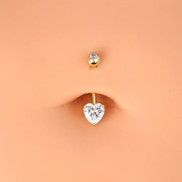 OUFER Belly Navel Rings - 14K Solid White Gold Heart Solitaire Cubic Zirconia Belly Button Rings