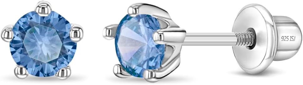 In Season Jewelry Solitaire Simulated Birthstone Kids Earrings - 925 Sterling Silver Hypoallergenic Earrings for Girls with Secure Screw Backs - Safe & Comfortable for Kids & Little Girls