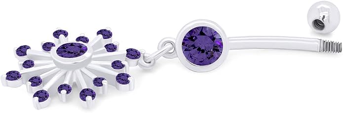 AFFY Snowflake Belly Button Ring for Women Simulated Birthstone, Round Cut Gemstone in 14K Gold Over 925 Sterling Silver, Navel Barbell Piercing Jewelry for Her