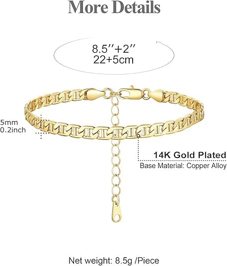 FOCALOOK 14K Gold Plated Anklets for Women Waterproof Plus Size Ankle Bracelet 8.5-10.5 Inch Adjustable Mariner/Figaro/Flat Snake/Cuban Link Chain Anklet Jewelry for Summer Beach Holiday