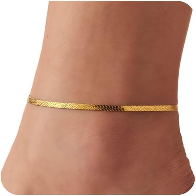 Dainty Ankle Bracelets for Women 18K Gold Plated Satellite Beaded Herringbone Lip Chain Anklets Simple Minimalist Summer Beach Foot Jewelry Christmas Gifts