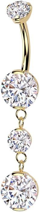 Pierced Owl 14GA ASTM F-136 Implant Grade Titanium Internally Threaded Double Prong CZ Crystal with Two Round CZ Crystals Dangling Belly Button Ring