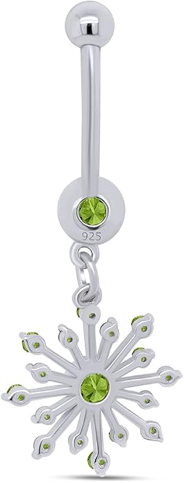 AFFY Snowflake Belly Button Ring for Women Simulated Birthstone, Round Cut Gemstone in 14K Gold Over 925 Sterling Silver, Navel Barbell Piercing Jewelry for Her