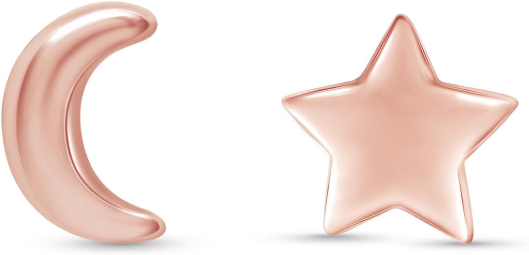Asymmetric Earrings Half Moon And Star Lovely Charm Stud Earrings in 14K Gold Plated Sterling Silver With Push Back for her