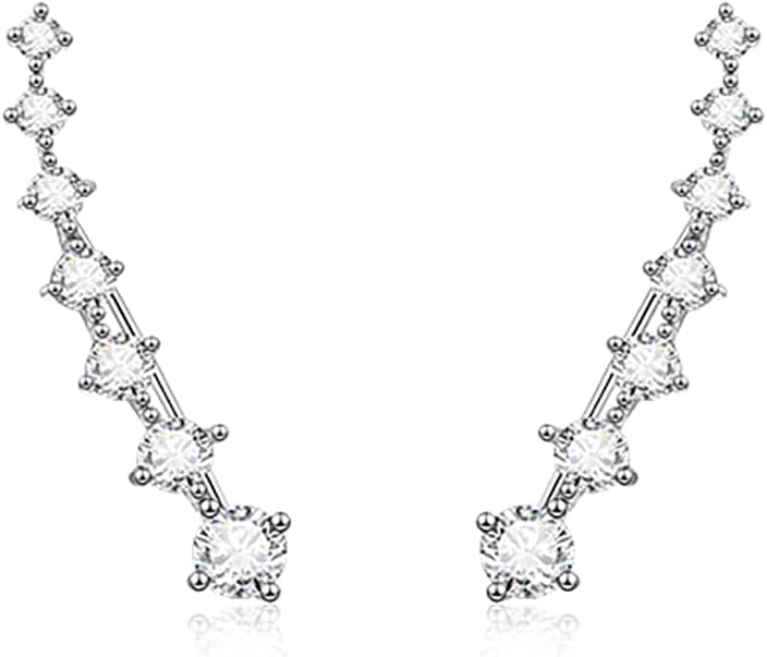 Reffeer Solid 925 Sterling Silver 7 Crystals Cuff Earrings Climber for Women Crawler Earrings Wraps