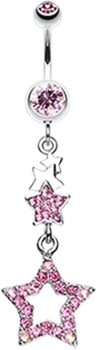 Pierced Owl 14GA Stainless Steel CZ Crystal Layered Star Sparkling Dangling Belly Button Ring