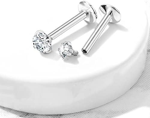 16 g Titanium Internally Threaded Tragus Piercing Jewelry CZ Top Flat Back Piercing Nose Studs Earring, Helix, Cartilage, Labret, Monroe for Women or Men