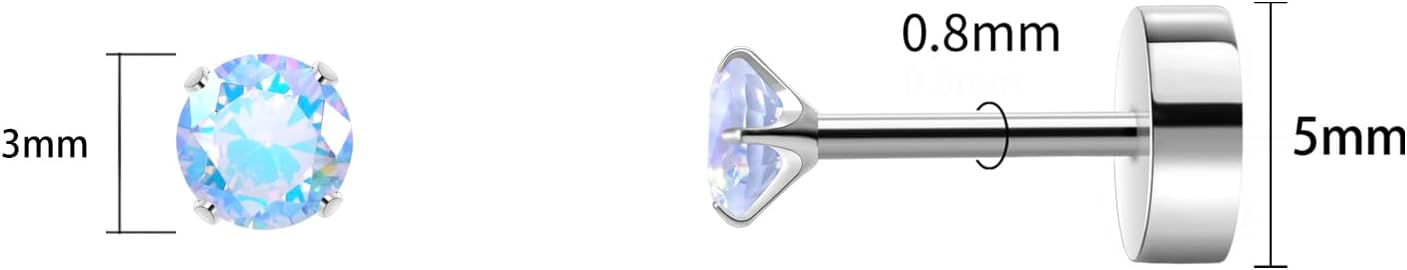 Titanium Earrings for Women Stud Earrings Cubic Zirconia Dainty Screw Flat Back Hypoallergenic Earrings for Women for Multiple Cartilage Helix Conch Tragus Piercing Jewelry for Sensitive Ears