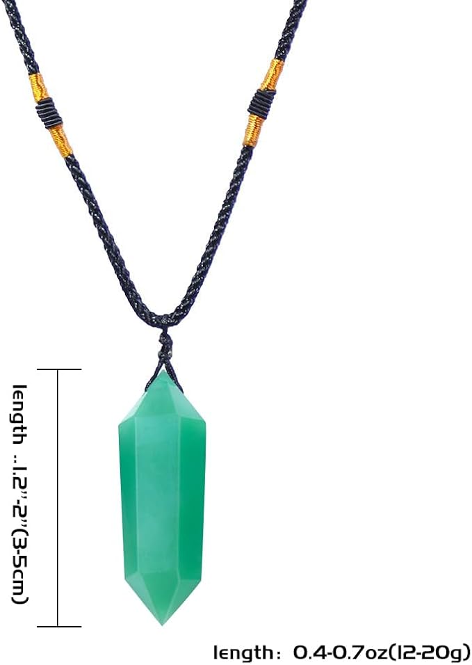 Runyangshi Green Aventurine Healing Crystal Pendants, Double Pointed Natural Crystal Quartz Necklace 6 Faceted Chakra Crystal Wand Stone