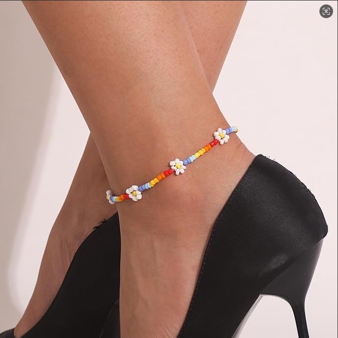 Ursumy Boho Ankle Bracelets for Women Summer Beaded Anklets Chain Beachy Flower Foot Jewelry
