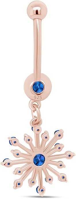 AFFY Snowflake Belly Button Ring for Women Simulated Birthstone, Round Cut Gemstone in 14K Gold Over 925 Sterling Silver, Navel Barbell Piercing Jewelry for Her
