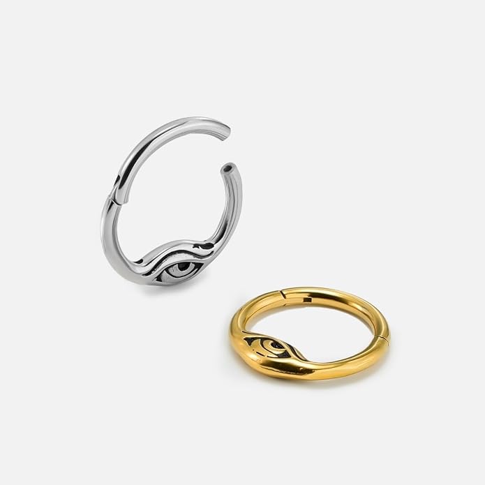 PUNKYOUTH Titanium 16G Septum Nose Ring Clicker Hoop Titanium 316L Surgical Steel Gothic Alternative Piercing Jewelry for Septum Helix Rook Tragus Cartilage Hinged Clicker Hoop with Bat Dragon Spike Eye Design 8mm