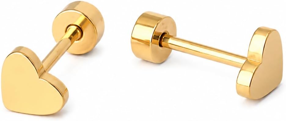 18K Gold Plated Hypoallergenic Screw Flat Back Earring | 18K Gold Plated Surgical Steel Heart Earrings with Screw Flat Backs, Hypoallergenic, 1 Pair
