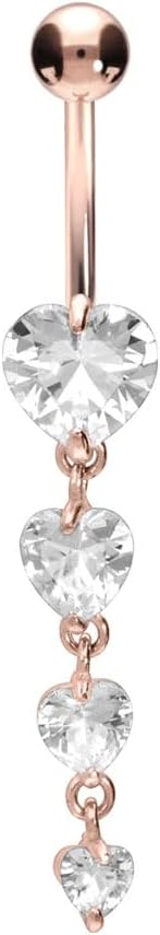 PIERCINGLINE surgical steel dangle belly button piercing with 4 hanging crystal hearts - belly button ring surgical steel, gold, silver, rosegold piercing - new version with improved durability