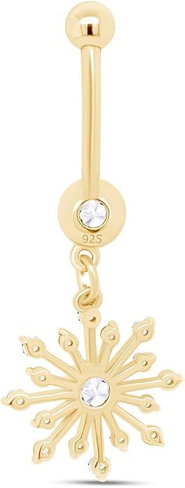 AFFY Snowflake Belly Button Ring for Women Simulated Birthstone, Round Cut Gemstone in 14K Gold Over 925 Sterling Silver, Navel Barbell Piercing Jewelry for Her