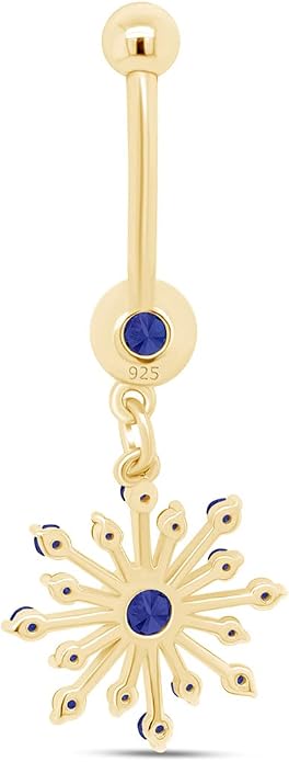 AFFY Snowflake Belly Button Ring for Women Simulated Birthstone, Round Cut Gemstone in 14K Gold Over 925 Sterling Silver, Navel Barbell Piercing Jewelry for Her