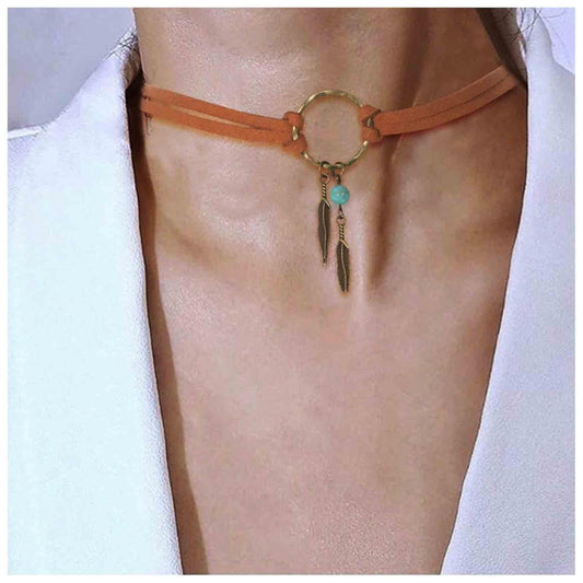 Boho Layered Suede Choker Necklace Tiny Leaf Pendant Necklace Chain Brown O Ring Leather Choker Necklace Turquoise Bead Necklace Chain Jewelry for Women and Girls