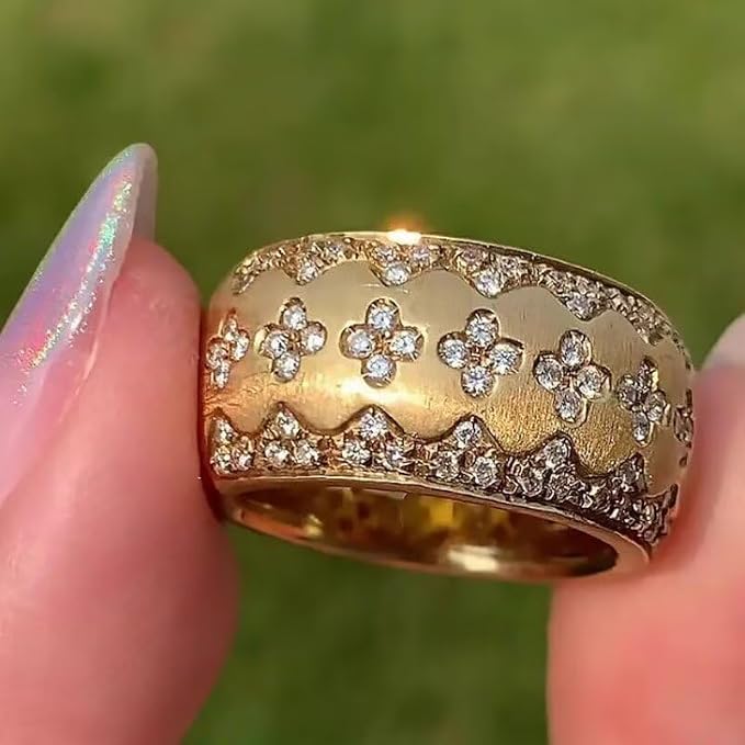 18K Gold Italian Handcrafted Brushed Buccellati-Style Ring – Luxury Four-Leaf Clover Diamond-Cut Zirconia Ring for Women, Elegant Vintage Royal Jewelry Size 7