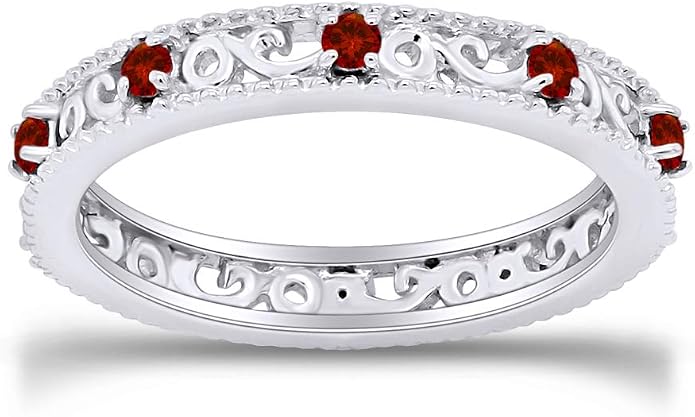Jewel Zone US Filigree Eternity Wedding Band Ring for Women, Round Cut Simulated Gemstone Stackable Promise Ring in 14K Gold Plated 925 Sterling Silver Band Width 3.5mm – Elegant Jewelry for Her