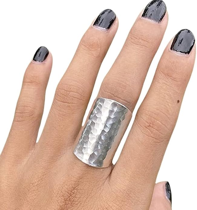 Hammered Shiny Handmade Sterling Silver Large Long Boho Statement Ring, Wide Band Wrap Adjustable to Sizes 6-12,Also as Thumb Ring, Gift for Her