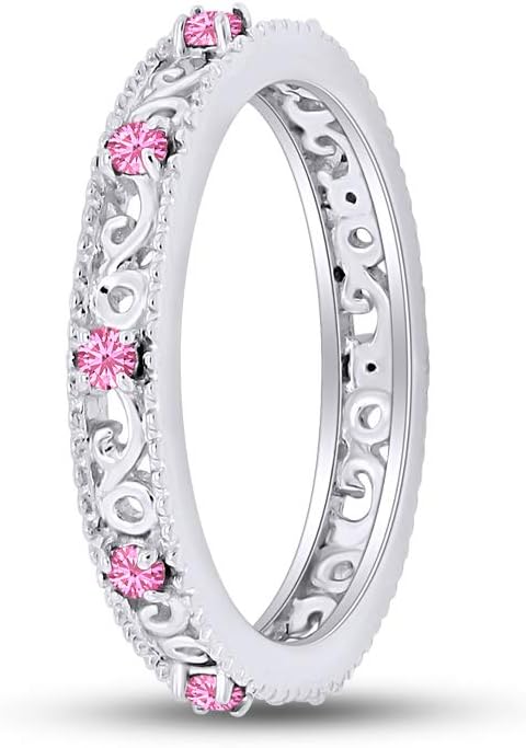 Jewel Zone US Filigree Eternity Wedding Band Ring for Women, Round Cut Simulated Gemstone Stackable Promise Ring in 14K Gold Plated 925 Sterling Silver Band Width 3.5mm – Elegant Jewelry for Her