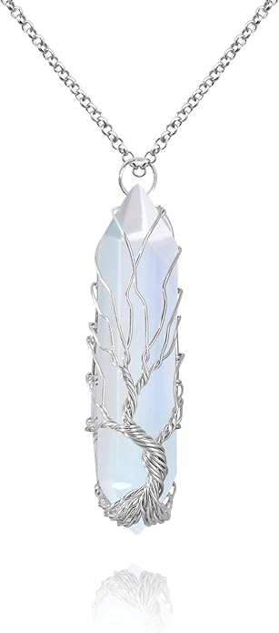 VIBILIA Healing Crystal Necklace Tree of Life Wire Wrapped Natural Stone Point Pendant Necklace Hexagonal Reiki Spiritual Quartz Gemstone Jewelry for Women Men